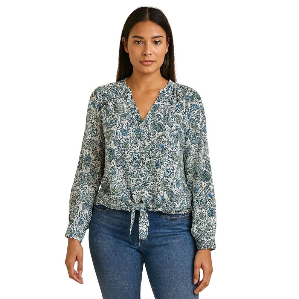 Ann Taylor Tie Front Blouse Sz M Blue Green Print Long Sleeve V Neck Top Office